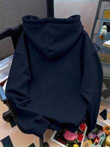 Cute Versatile Bow Pattern Women's Long Sleeve Pocket Casual Hoodieprinted Sweatshirt - 藏蓝色 - 查看 2