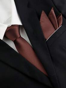 ZLQ&GOU 2pcs Brown Polyester Necktie & Solid Color Pocket Square Set, Soft Texture Suitable For Business And Casual Wear - Brown - View 1