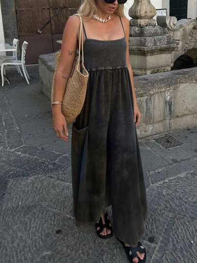 Women's Solid Color Casual Loose Western Style Sexy Spaghetti Strap Wide Leg Jumpsuit, Suitable For Daily Street, Date, Holiday, Party, Summer Vacation, Commuting