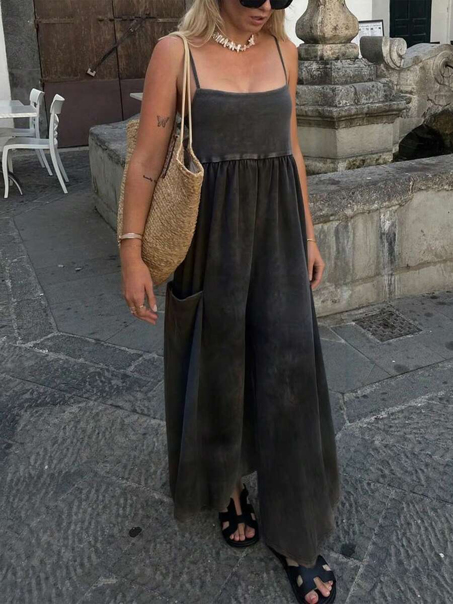 女士纯色休闲宽松西式性感吊带阔腿连体裤，适合日常街头、约会、度假、派对、夏季旅行、通勤等场合，黑色优雅款 - 黑色 - 查看 1