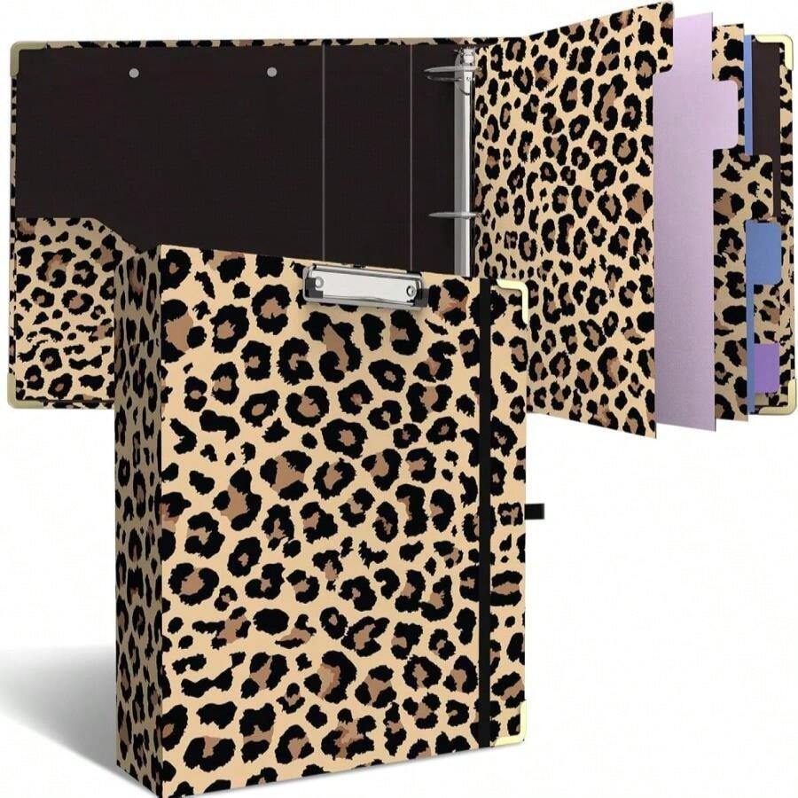 Binder  Round Ring Binder With 6 Tab Dividers, Pockets,Cute Binder Clipboard With Storage, For School Office, Portfolio(Cheetah Spots) - Màu B - Xem 1