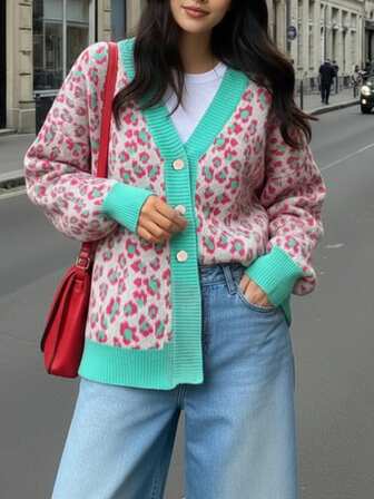 Ladies 2025 Autumn And Winter New Casual Fashion Contrast Leopard Button Ribbed Women's Cardigan