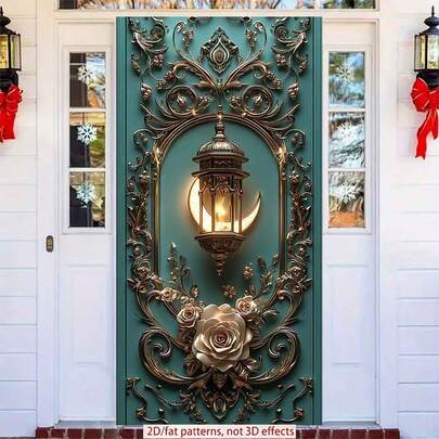 2DFlat Polyester Ramadan Door Banner 1pc Exquisite Teal Wall Decor With Golden Ornaments, A Lit Lantern And Elegant Roses Eid Al-Fitr And Supplies, Suitable For Muslim Ramadan And Eid Al-Adha Celebrations, Islamic-Themed Holiday Decorations