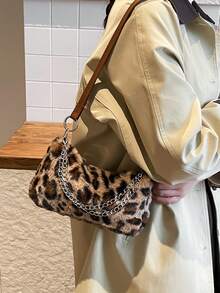 Leopard Print Fuzzy Shoulder Bag (Print Placement Random) - Brown - View 6