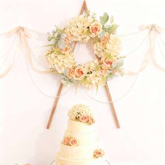 French Cream Style Faux Flower Wreath With Ivory Hydrangea And Light Orange Roses, Decorative Door Hanging, Living Room Entryway Wall Decor, Wedding Dessert Table Backdrop, All Season Artificial Flower Decor, Home Atmosphere Hanging