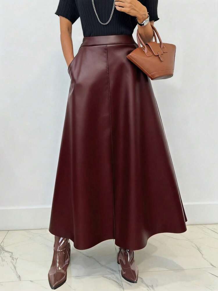 Saia de Couro Elegante para Mulheres EARO, Casual Versátil na Moda e Elegante - Vinho - Visão 1