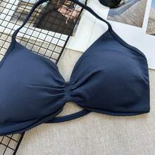 热门吊带文胸，女士露背细肩带运动文胸，轻度支撑，短款健身上衣，无缝褶皱瑜伽垫文胸（春季款） - 藏蓝色 - 查看 6