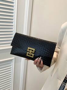 Bolso de sobre pequeño con estampado de cocodrilo en relieve, bolso de mano de estilo vintage para mujer - Negro - Ver 12