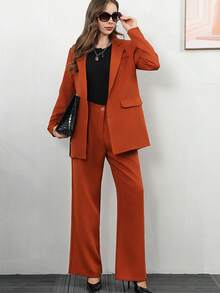 FD1114 Spring Women's Two Pieces Set Long Sleeve Coat &Office Business Pants - Coffee Brown - View 2