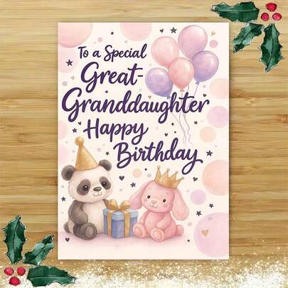 1 felicitare "La mulți ani pentru o strănepoată specială" cu plic - felicitare de ziua de naștere cu tematică drăguță cu panda și iepuraș, sărbători de ziua de naștere și de sărbători, cadou cald de apreciere pentru ea, felicitări de recunoștință pentru strănepoată