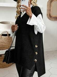 Gilet tricoté ample et confortable à col V pour femmes grandes tailles - Noir - Voir 7