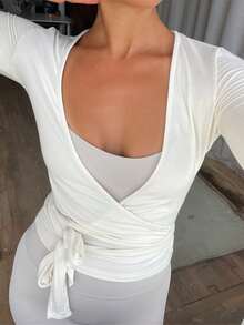 Women Ballet Wrap Top Long Sleeve Deep V Neck Cross Tie Workout Pilates Yoga Shirts Wrap Tie Crop Tops Sportswear Y2k Streetwear Slim Fitted Coquette Blouses - 白色 - 查看 5