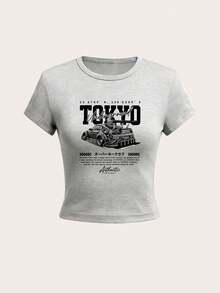 Summer New Casual Stylish American Racing Car Print Round Neck Short Sleeve Waist Fitted T-Shirt, Fashionable & Versatile Women Top - Dark Gray - View 3