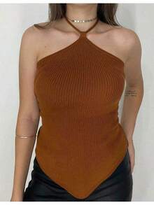 Cropped Ribbed Modal Women's Plain Halter Summer Tie Neck Knit Moura Tricot - Rust Brown - View 4