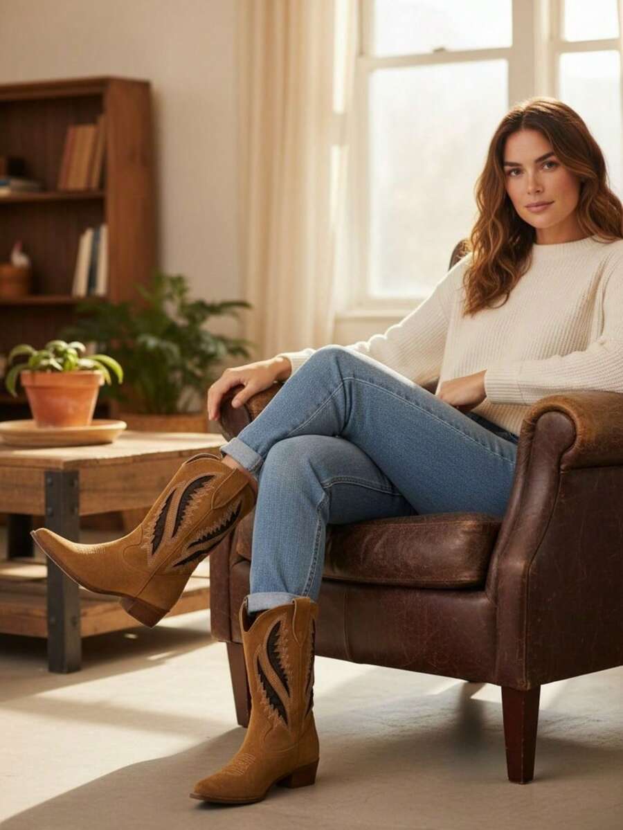 Women's Western Ankle Boots, Block Heel, Pointed Toe - Camel - View 1