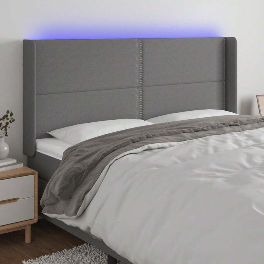vidaXL LED Kopfteil dunkelgrau 203x16x118/128 cm Stoff - Grau - Übersicht 1