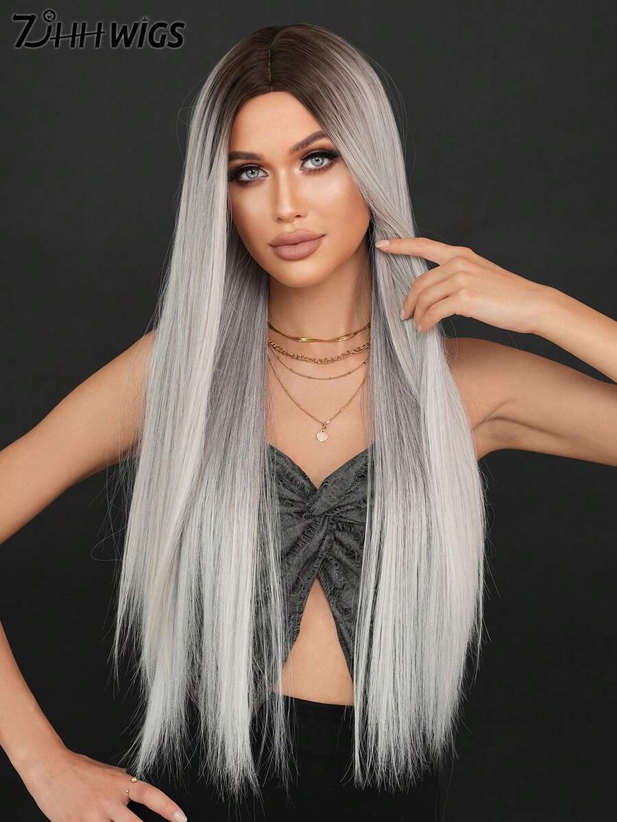 7JHH WIGS 32 Inch Ombre Silver Wigs For Women, Extra Long Straight Wigs, Elegant Fluffy Without Bangs Middle Part Wig,Very Soft Synthetic Heat Resistant Fiber Hair, Beautiful Full Machine Hair Wig Suitable For Fashion Girls Daily,Anime Or Costume Cosplay Decoration,Music Festival Dance Party Street Wear Use - 銀色 - 查看 1