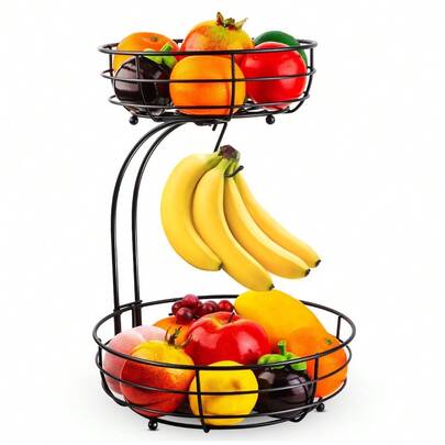 Iron 2-Tier Countertop Fruit Vegetables Basket Bowl Storage With Banana Hanger, Kitchen Countertop Storage For Fruits And Vegetables, Black, 64 Ounces