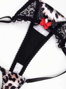 Women Lace Leopard Print Lingerie Set, 2pcs Padded Underwire Bra And Panty Set - Black - View 5