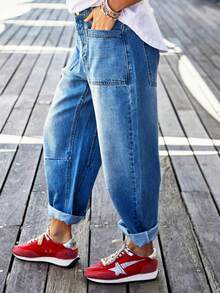 STLY 女士万圣节服装，阔腿牛仔裤，春秋新款破洞香蕉牛仔裤，创意剪裁设计，复古街头风小众修身阔腿百搭四季水洗蓝牛仔裤，波西米亚优雅牛仔口袋牛仔裤，适合日常穿着、机场、舞台、音乐会、旅行休闲场合。 - 中藍色 - 查看 4