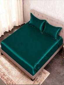 3 Pices Satin Fitted Sheet Set (1 * Fitted Sheet+2 * Pillowcase) – Smooth, Breathable, And Wrinkle-Resistant, Machine Washable For Easy Care, Comfort Bedding Suitable For  Kids,Adults, Hotels, Apartments, & Home Use - 綠色 - 查看 9