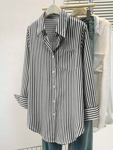 大码女式休闲基础款条纹尖领长袖衬衫，带纽扣口袋，适合日常办公穿着，秋冬春季黑色 - 黑色 - 查看 2