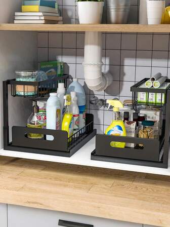 1个金属双层水槽下收纳架，带滑出式搁板 - 适用于厨房、浴室、食品储藏室、衣柜的拉出式滑动抽屉 - 节省空间，非食品接触式收纳架，双层厨房水槽下置物架，带网状滑动抽屉的拉出式橱柜篮，厨房收纳，浴室办公桌整理架