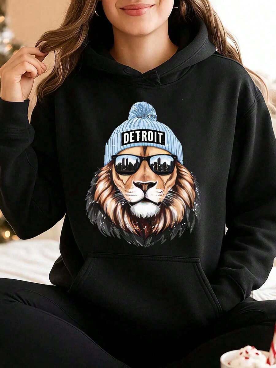 Women Hoodie Detroit Football Lion Print Sweatshirt Top Casual Wear Comfortable Fabric Perfect As A Gift - Black - View 1