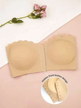 Sexy & Comfortable Front Closure Bandeau Bra, Seamless Ruffle Trim, Strapless, Wireless, Soft Padded Cups, Adjustable Straps, Breathable Fabric, Women's Daily Underwear