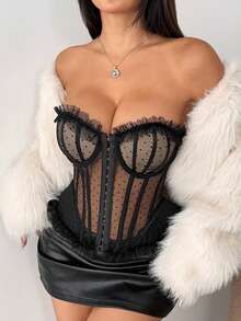 Polka Dot Party Item, Lightweight Sheer Lace Sexy Semi-Transparent Boned Tight Camisole Camisole Corset For Women - Black - View 3