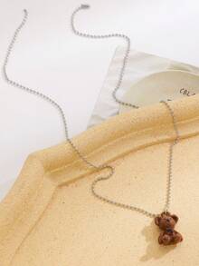 1pc Fashionable Minimalist Cute Flocked Bear Pendant Faux Pearl Necklace, Suitable For Women Everyday And Vacation Wear - Silver - View 5