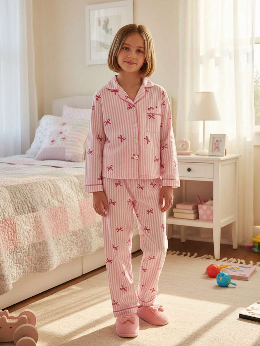 Girls Bow Striped Pajama Homewear Set For Sleep & Lounge | 8–12Y - Baby Pink - View 1