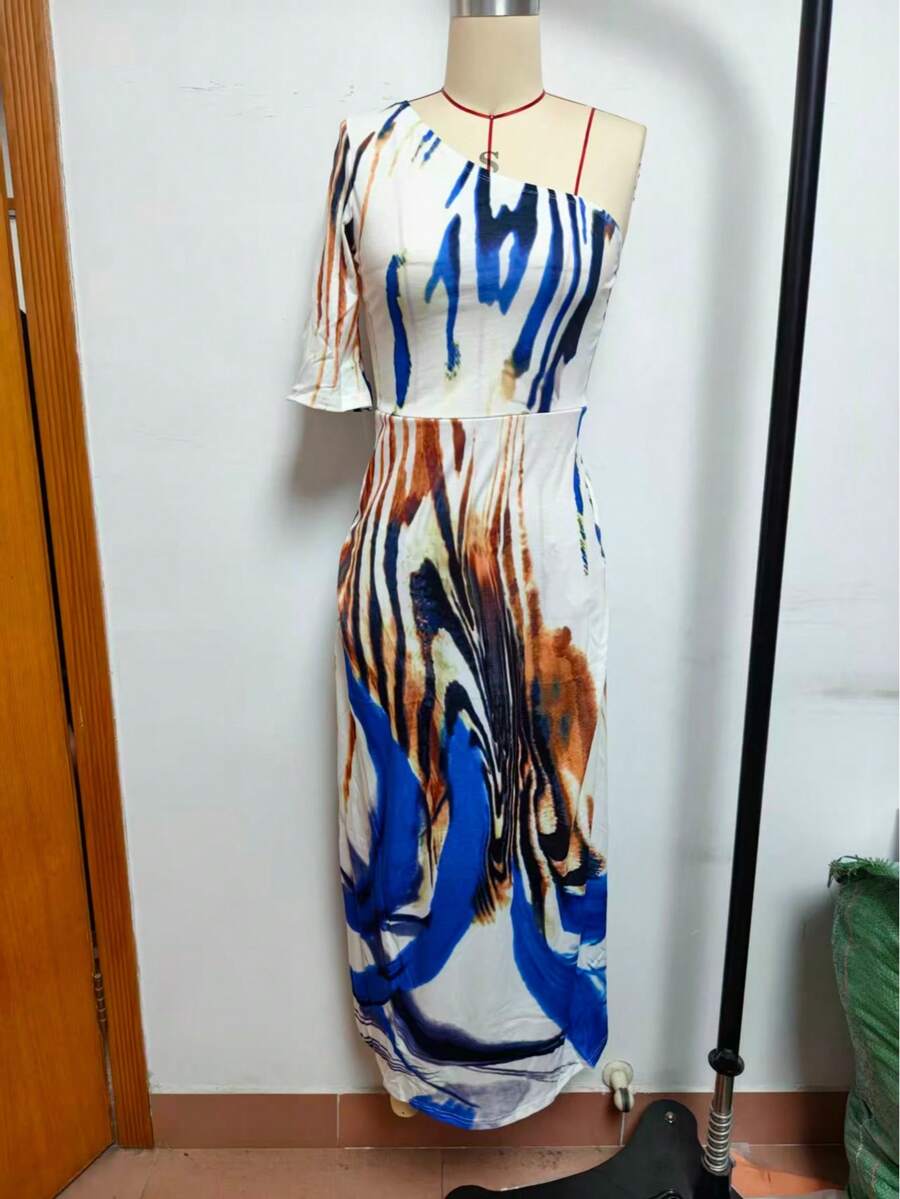 Women's Fashion Casual Single Sleeve Open Shoulder Milk White Printed Dress - Blue - View 1