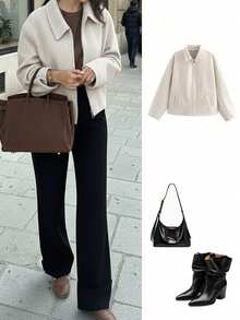 女士时尚简约百搭通勤拉链羊毛大衣 - 米色 - 查看 1