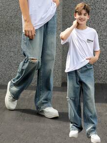 青少年街头风格直筒漂白破洞休闲牛仔裤，街头风格