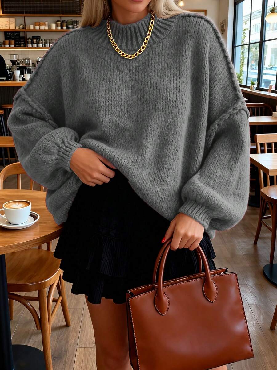 Suéter plus size feminino, moda outono e inverno plus size, casual, plus size, cor sólida, gola redonda, ombro caído, manga comprida, pulôver - Cinza - Ver 1