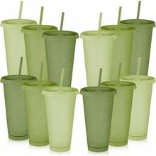 Pcs Green Glitter Plastic Cups With Lids And Straws 24 Oz Reusable Tumbler Large Travel Mug Cup Coffee Beverage Drinks Party Plies For Christmas Wedding Bridal Baby Shower Birthday - GreenGlitter - View 1