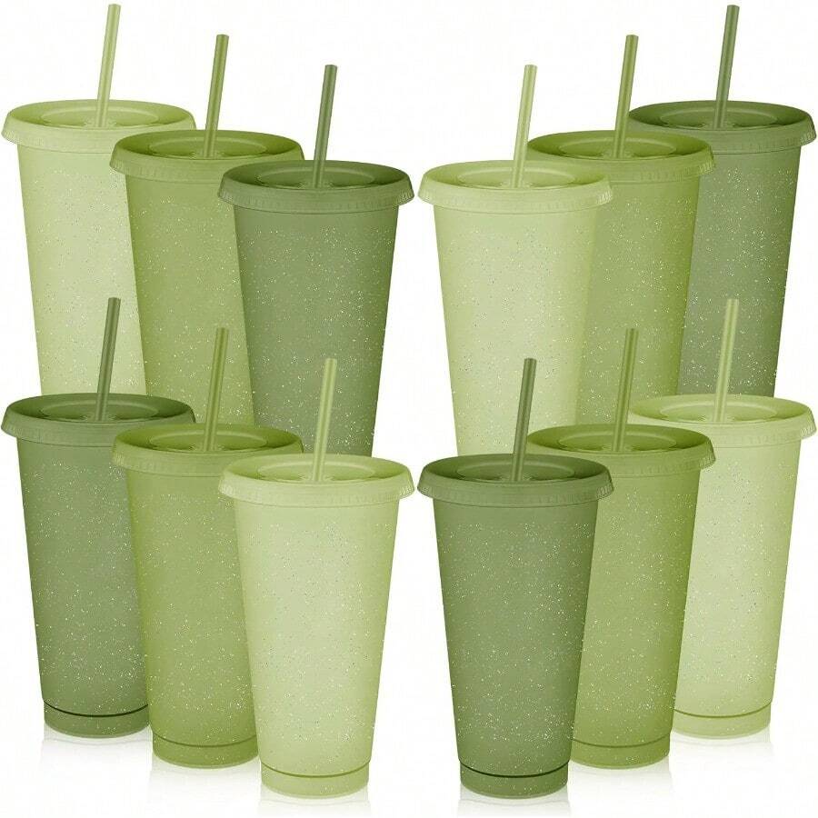 Pcs Green Glitter Plastic Cups With Lids And Straws 24 Oz Reusable Tumbler Large Travel Mug Cup Coffee Beverage Drinks Party Plies For Christmas Wedding Bridal Baby Shower Birthday - GreenGlitter - View 1