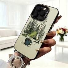 Cubierta de telefono con diseño de camping verde claro con tienda de campaña y taza de cafe para uso diario en cafes y viajes - Negro - Ver 6