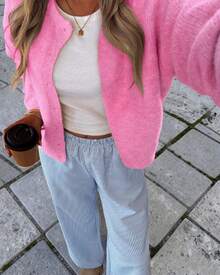 女款秋冬新款法式浪漫優雅女士寬鬆極簡時尚針織開襟上衣 - 玫紅色 - 查看 5