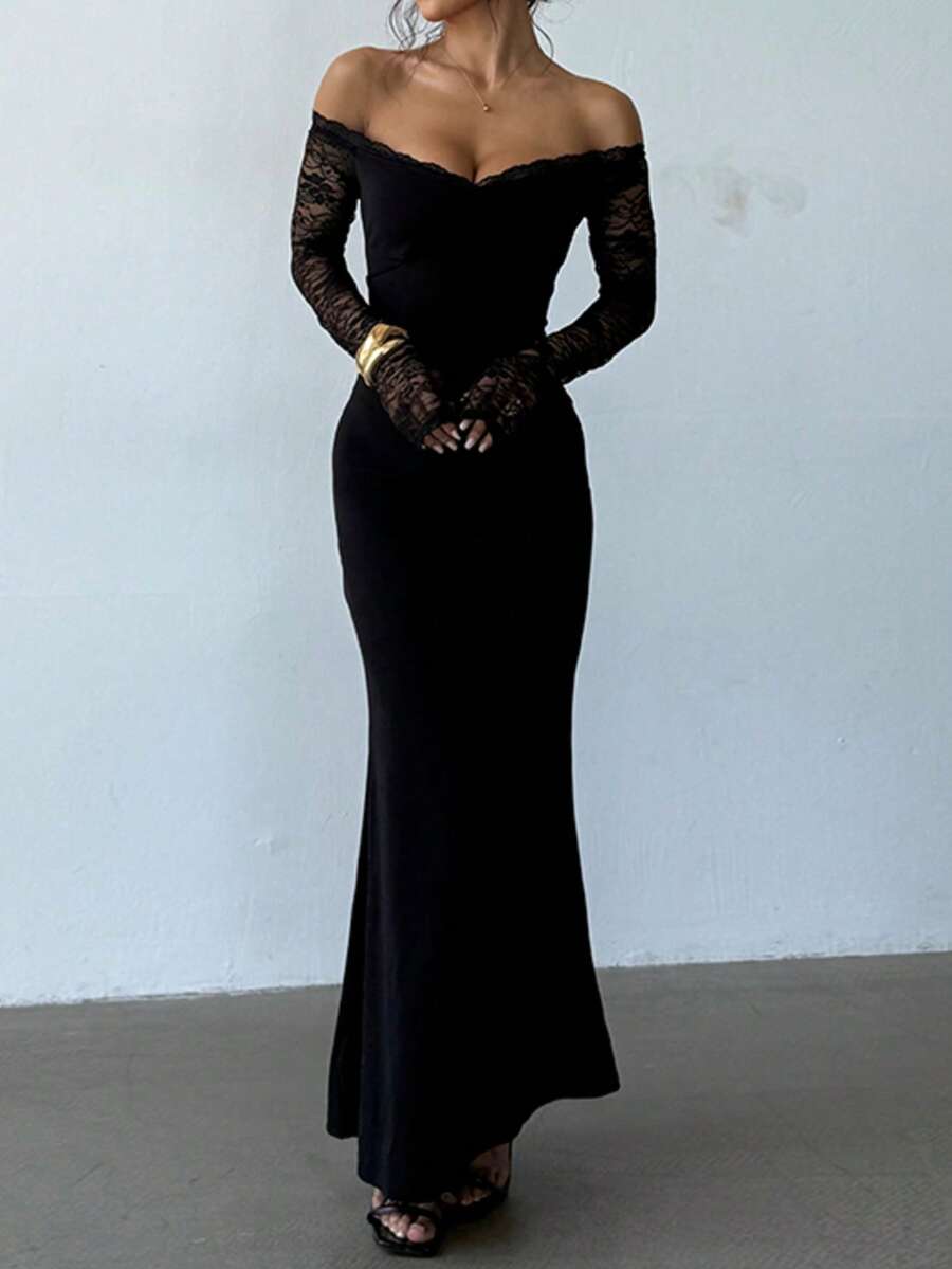 WOWDARK 女士冬季连衣裙，黑色，时尚优雅的V领露肩蕾丝边派对连衣裙，适合情人节、新年、派对、休闲场合。