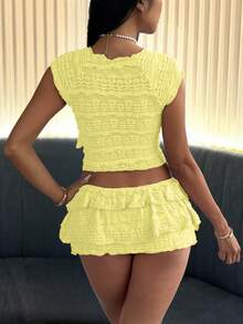Knitted Lace Jacquard Ruched Round Neck Top And Mini Skirt Set, Spring/Summer - Mustard Yellow - View 9