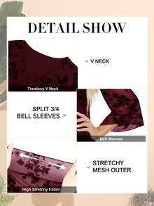 CheersLife Plus Size Women Elegant Blouse, V-Neck Double-Layer Elastic Mesh Casual Flowy Work Shirt With Ruffle Trim & 3/4 Bell Sleeve, Belted Waist Top Spring - Burgundy - View 4