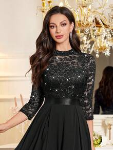 MIUSOL Đầm xòe chiffon tay lửng 3/4 cổ cao đính sequin và ren hoa, kiểu dáng thanh lịch dành cho nữ, thích hợp dự tiệc cưới, lễ tốt nghiệp, tiệc tối trang trọng và các dịp khác, màu đen cho ngày Valentine mùa xuân. - màu đen - Xem 10