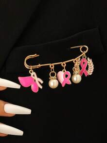 1 Stück elegante Schleife mit glatten Herz-Perlen und Olivenzweig, rosa/rote Brosche, Damen Brosche, Accessoire für Brustkrebs-Bewusstseins-Event Geschenk, Damen Schmuckzubehör