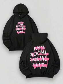 EWH Aged Washed Cotton Crew Neck 270g Double-Sided Printing Men's Hoodie With Soft And Breathable Fabric, With The Text "AN TI SO CIAL SOC IAL CL UB" In Pink Splatter Style Y2k,Soulja,Concert,Halloween,Gothic,Vintage,Streetwear Graphic,009-AB - màu đen - Xem 2