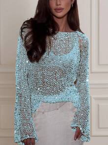 Yuwenier Sexy Cut Out Ausschnitt Transparenter Pailletten verzierter Häkel-Cover-Up mit Fledermausärmeln, locker sitzende Oberteile für Rave-Partys für Frauen