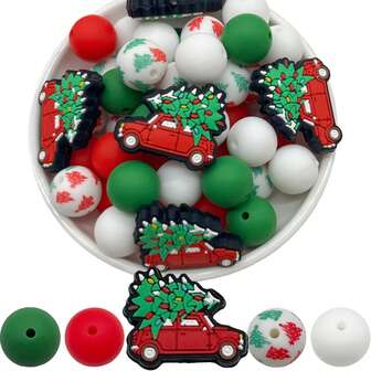 29pcs Christmas Series Mixed Silicone Beads Decorative Beads DIY Handmade Bag Chain, Phone Chain, Bracelet, Necklace, Keychain, Jewelry Beads