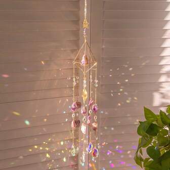 1 件粉色、绿色、紫色水晶阳光捕捉器，悬挂式阳光捕捉器，带水晶装饰，天然石材，适用于室内窗户，彩虹制造器，家居花园装饰