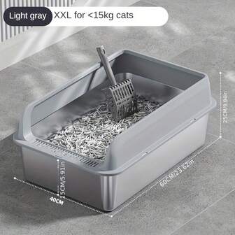 1 pieza Caja de arena para gatos de acero inoxidable + Pala para arena, Caja de arena grande de borde alto y tapa abierta, Anti-salpicaduras, Caja de arena semi-cerrada profunda, Con alfombrilla antideslizante